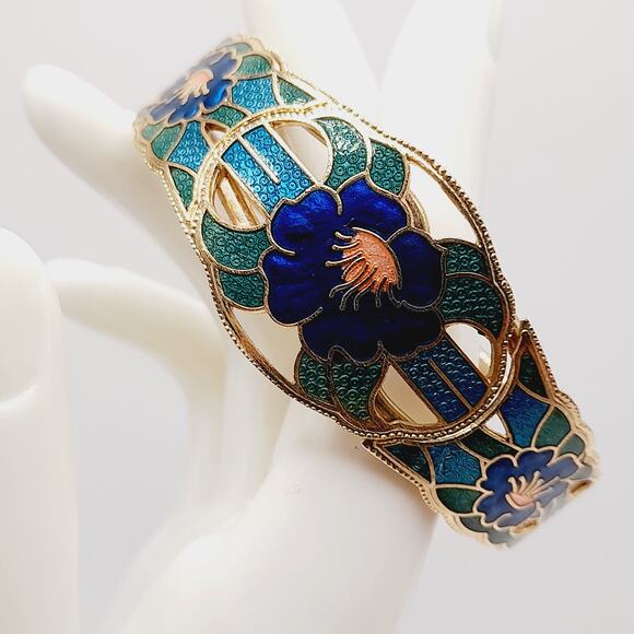 Vintage Cloisonné Hinged Bracelet 6 3/4" Blue Green Floral Enamel Gold Tone - Picture 2 of 10